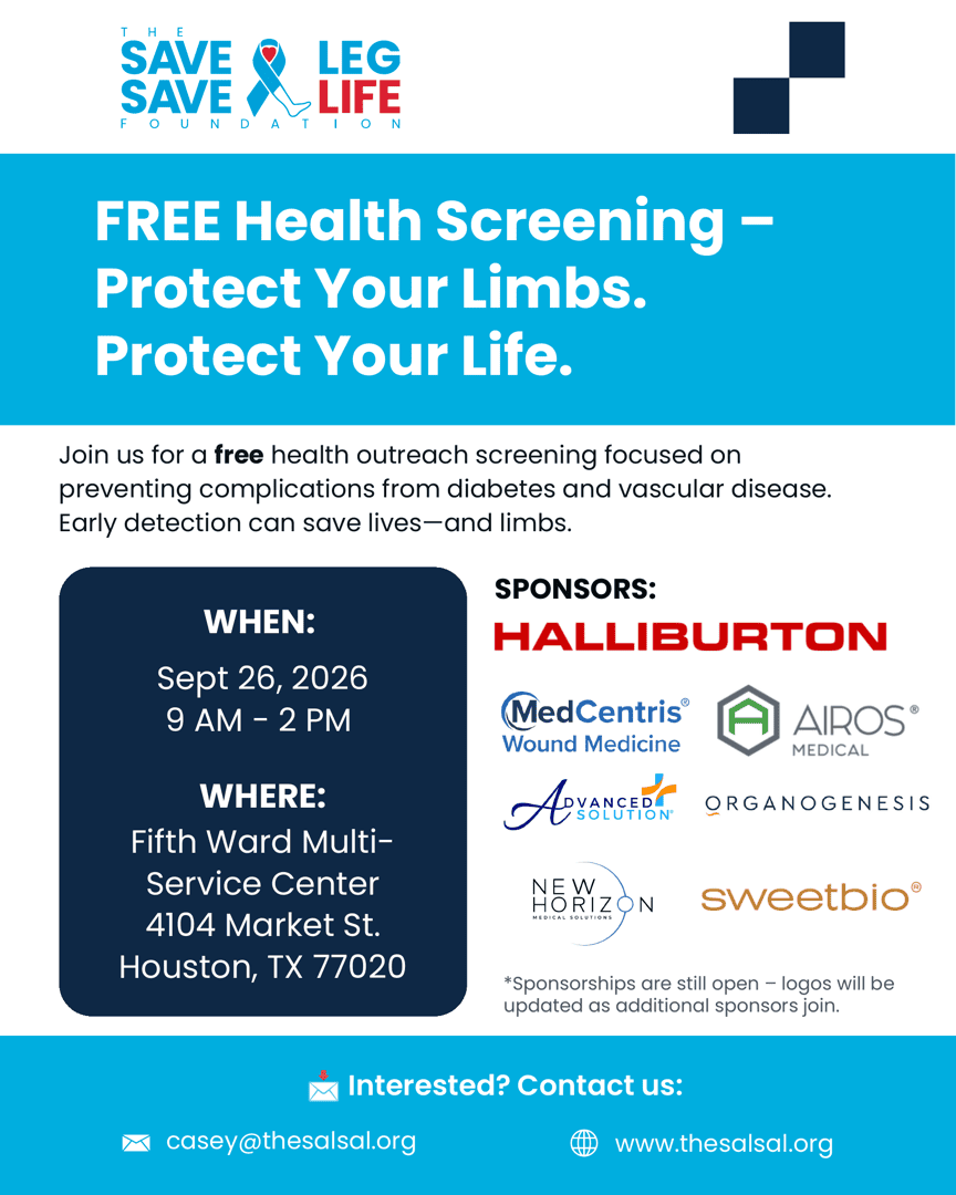 SALSAL free health screening flyer: Protect Your Limbs, Protect Your Life. September 26, 2026, 9 AM to 2 PM, Fifth Ward Multi-Service Center, 4104 Market St, Houston, TX 77020.